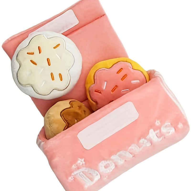 Pet Boredom Sound Toy Dog Grinding Teeth Bite-Resistant Cat Dog Companion Doll Squeaky Pink Donut Box Plush Dog Toy with 3 Donut Squeaky Bites. 4-in-1 Plush Package