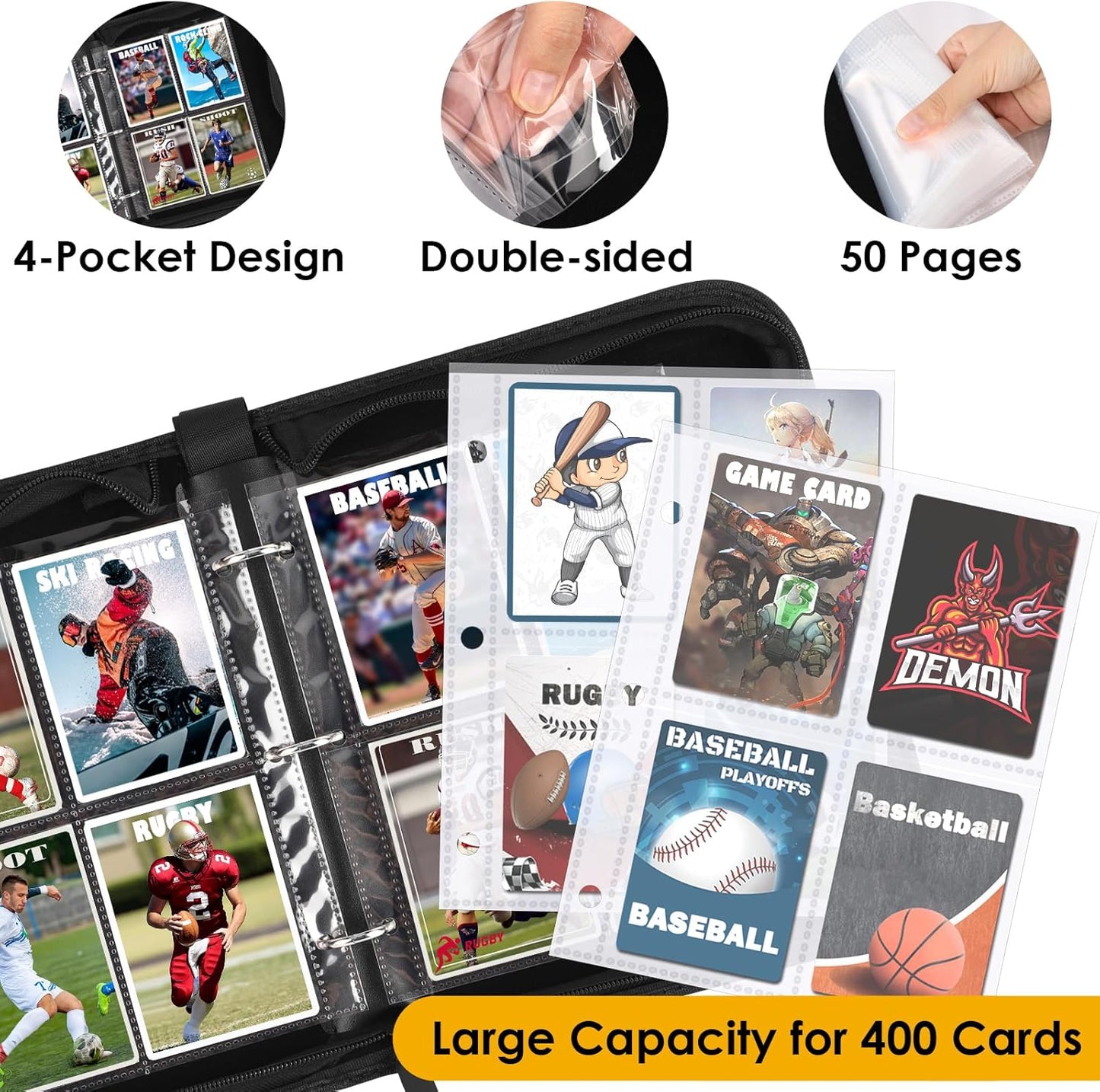 400 Pockets Binder Sleeves Carrying Case for Baseball, Trading, Football and Sports Cards (Black)