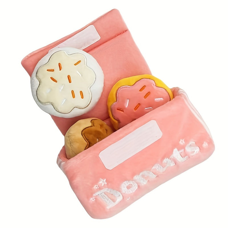 Pet Boredom Sound Toy Dog Grinding Teeth Bite-Resistant Cat Dog Companion Doll Squeaky Pink Donut Box Plush Dog Toy with 3 Donut Squeaky Bites. 4-in-1 Plush Package