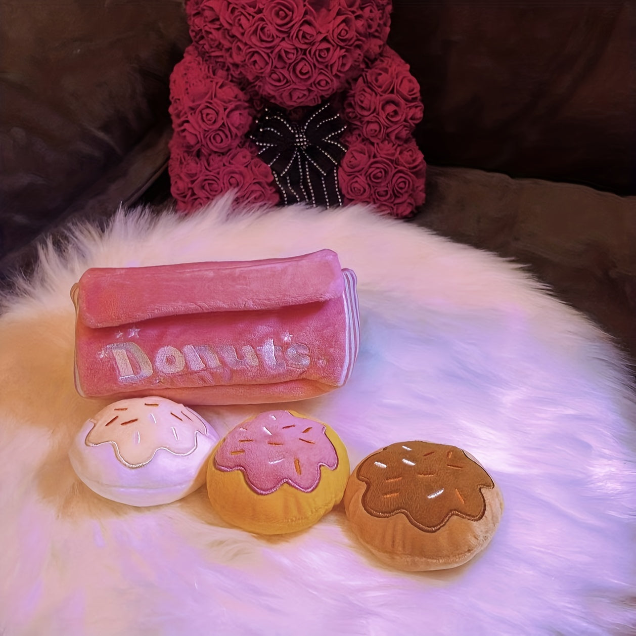 Pet Boredom Sound Toy Dog Grinding Teeth Bite-Resistant Cat Dog Companion Doll Squeaky Pink Donut Box Plush Dog Toy with 3 Donut Squeaky Bites. 4-in-1 Plush Package