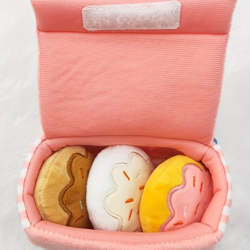 Pet Boredom Sound Toy Dog Grinding Teeth Bite-Resistant Cat Dog Companion Doll Squeaky Pink Donut Box Plush Dog Toy with 3 Donut Squeaky Bites. 4-in-1 Plush Package