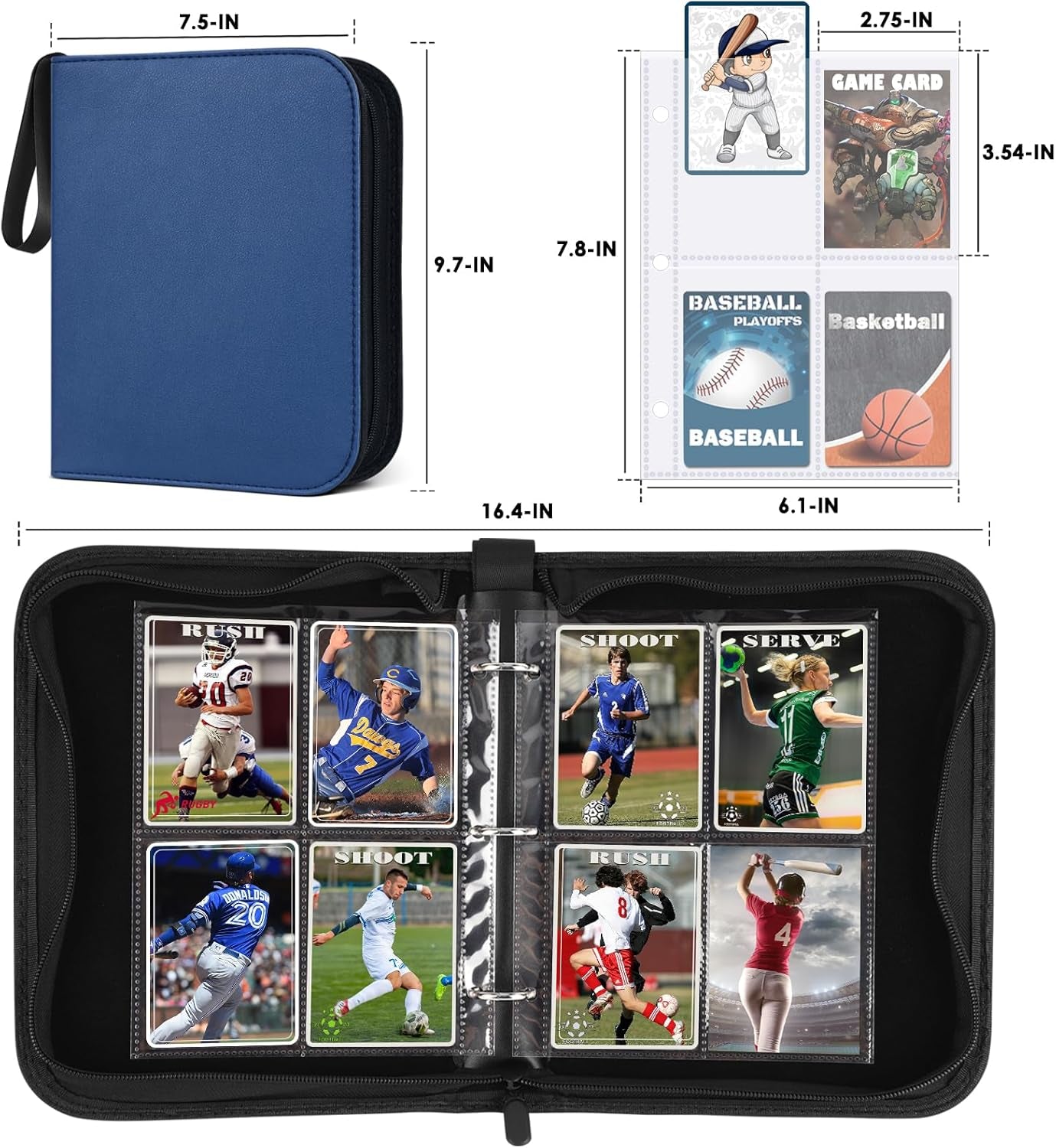 400 Pockets Binder Sleeves Carrying Case for Baseball, Trading, Football and Sports Cards (Black)