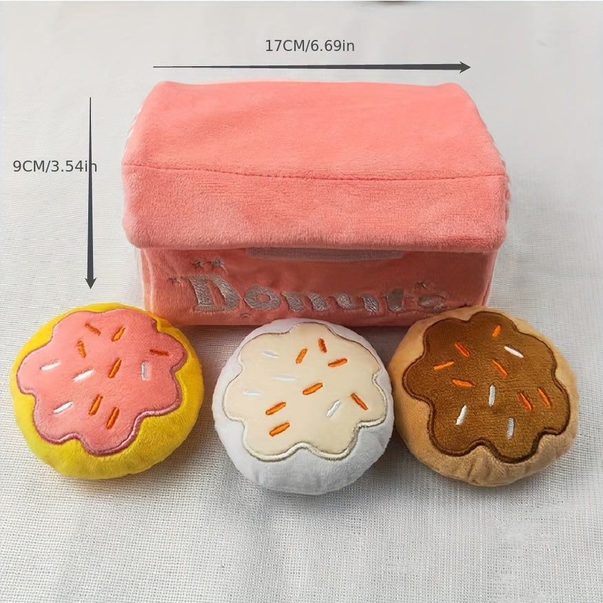 Pet Boredom Sound Toy Dog Grinding Teeth Bite-Resistant Cat Dog Companion Doll Squeaky Pink Donut Box Plush Dog Toy with 3 Donut Squeaky Bites. 4-in-1 Plush Package