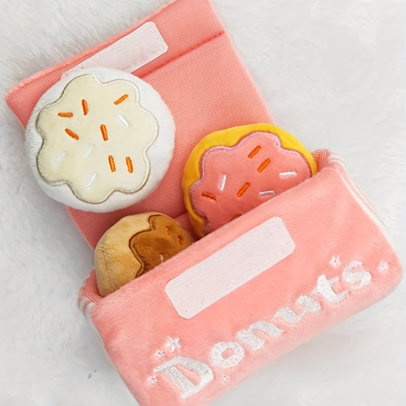 Pet Boredom Sound Toy Dog Grinding Teeth Bite-Resistant Cat Dog Companion Doll Squeaky Pink Donut Box Plush Dog Toy with 3 Donut Squeaky Bites. 4-in-1 Plush Package