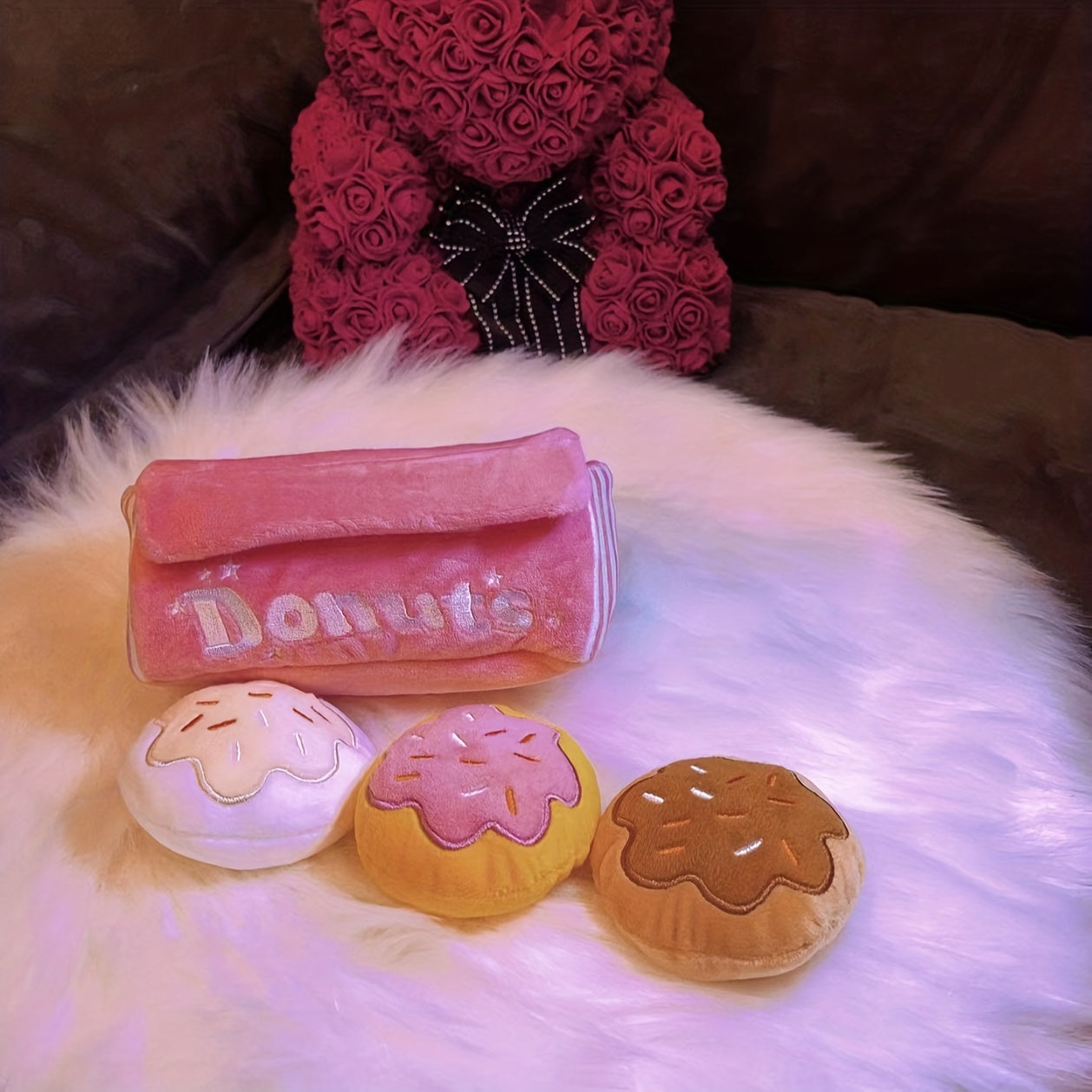 Pet Boredom Sound Toy Dog Grinding Teeth Bite-Resistant Cat Dog Companion Doll Squeaky Pink Donut Box Plush Dog Toy with 3 Donut Squeaky Bites. 4-in-1 Plush Package
