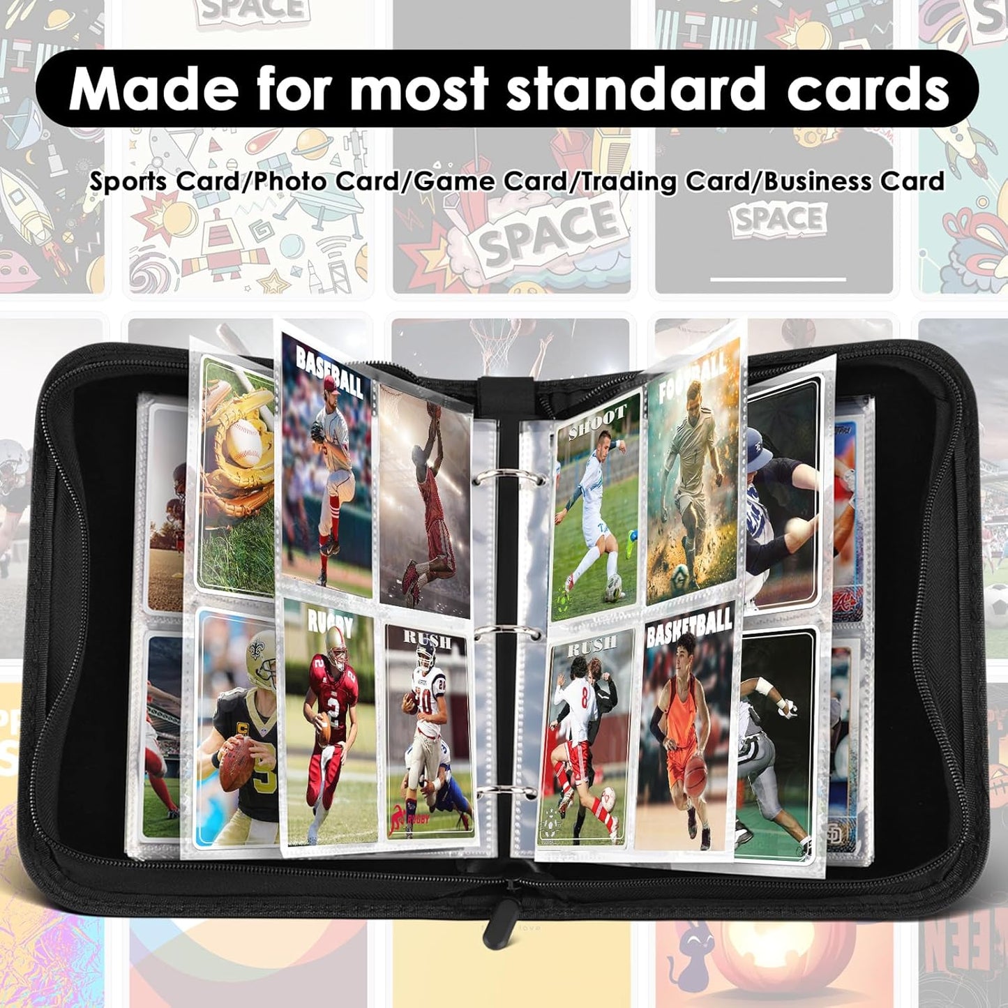 400 Pockets Binder Sleeves Carrying Case for Baseball, Trading, Football and Sports Cards (Black)