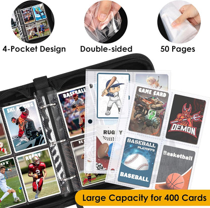 400 Pockets Binder Sleeves Carrying Case for Baseball, Trading, Football and Sports Cards (Black)