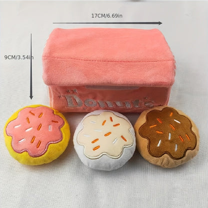 Pet Boredom Sound Toy Dog Grinding Teeth Bite-Resistant Cat Dog Companion Doll Squeaky Pink Donut Box Plush Dog Toy with 3 Donut Squeaky Bites. 4-in-1 Plush Package