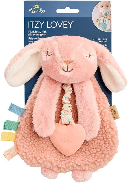 - Itzy Lovey Including Teether - Baby Lovey with Teether, Textured Ribbons & Dangle Arms - Features Crinkle Sound, Sherpa Fabric and Minky Plush (Pink Bunny)