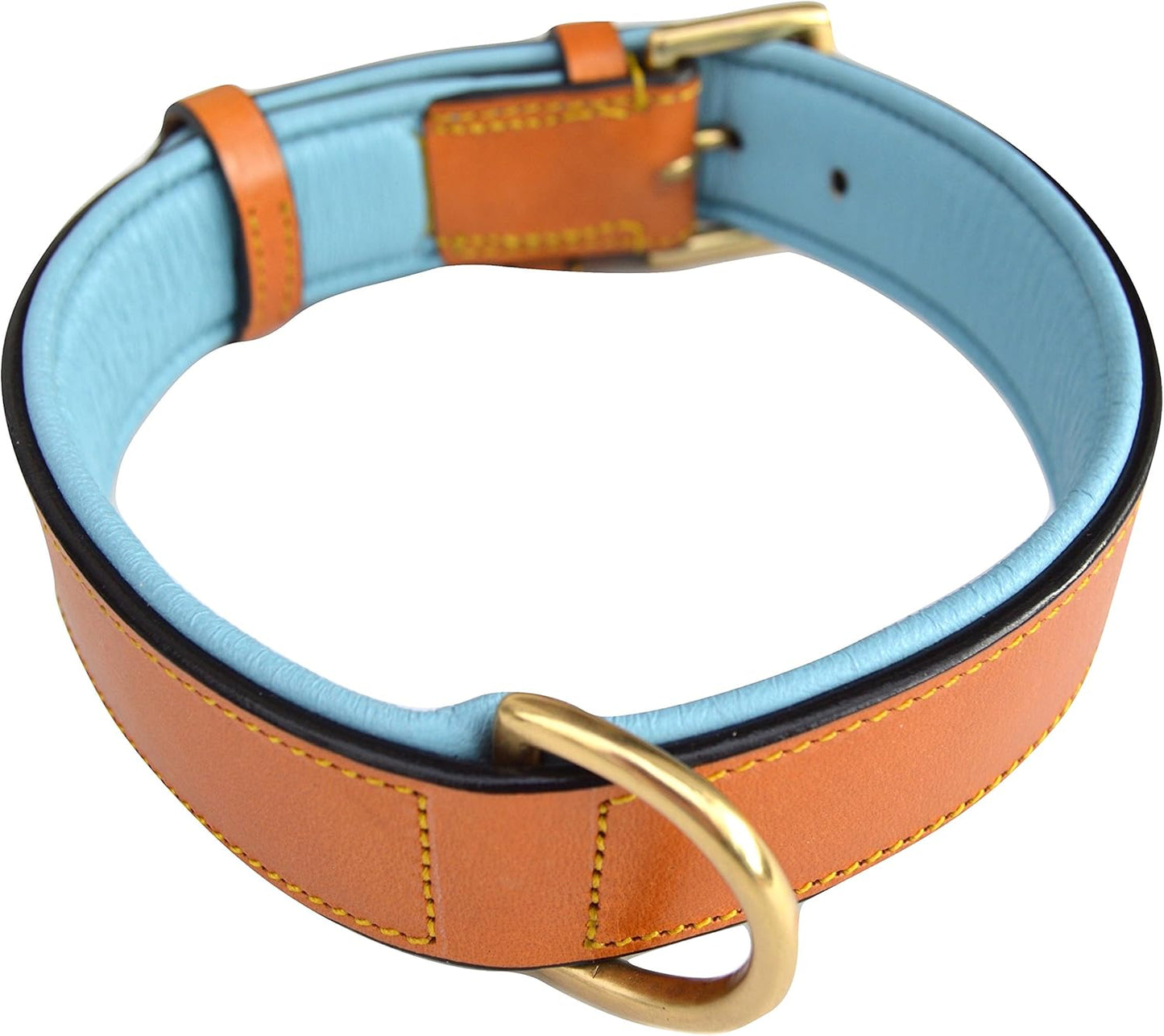 Leather Padded Dog Collar, Extra Large, Tan and Teal, Heavy Duty Brass Buckle, 28" Long X 1 3/4" Wide, Neck Size 22" to 25", Size XL