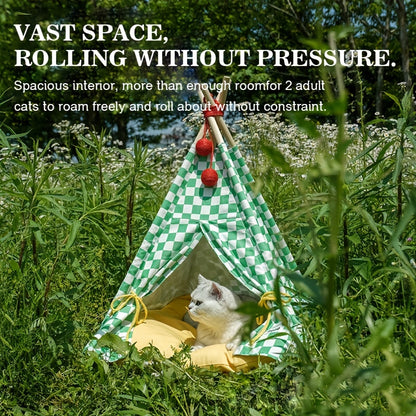 Zeze Cute Pet Tent Pet House Cat Nest Semi-closed Detachable Washable Mat Cat Bed Four Seasons Universal Cat Bed With Checkerboard Pattern